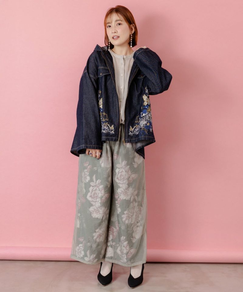 花柄ゴブラン織り風 シアー生地重ねパンツ-2