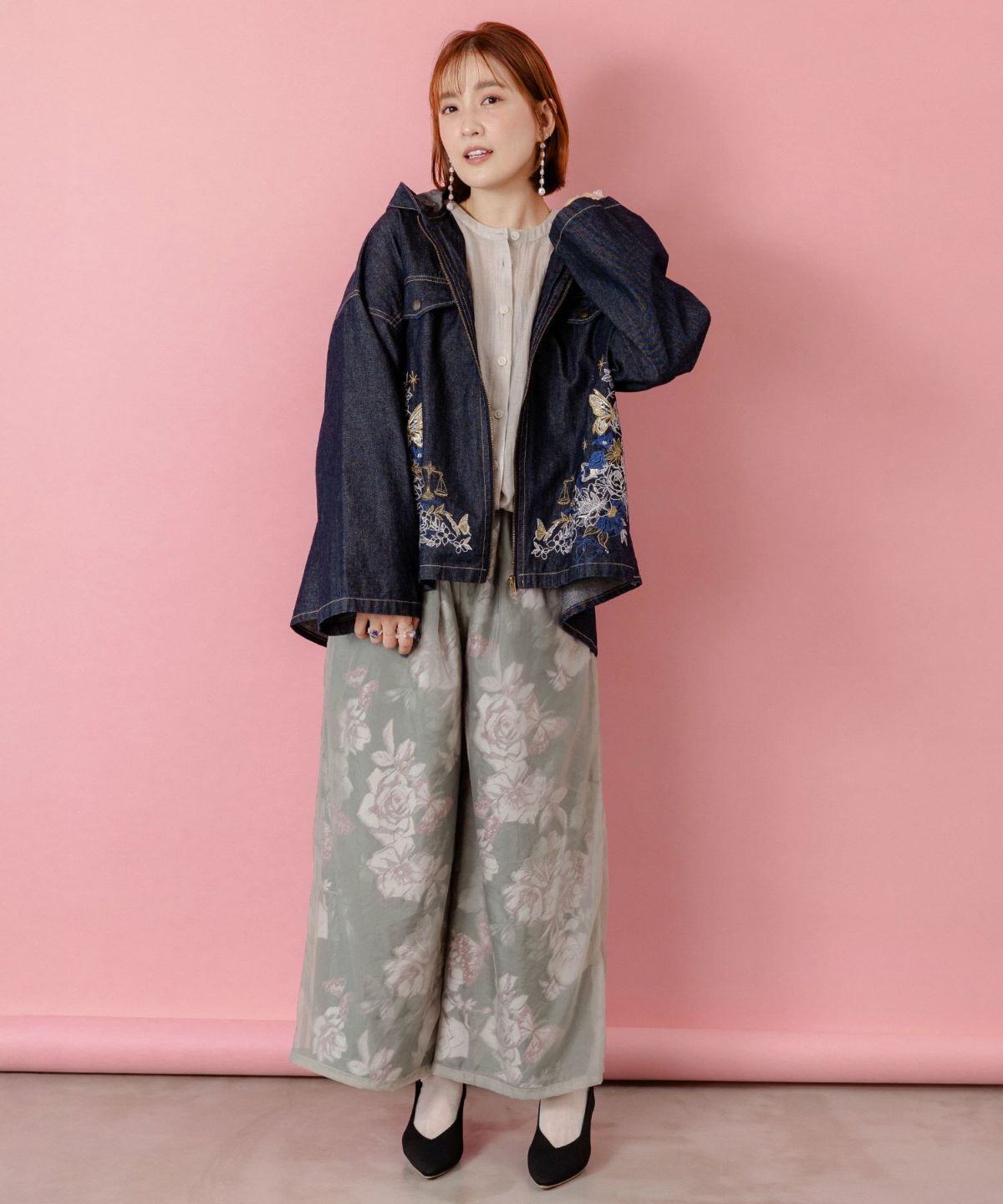 花柄ゴブラン織り風 シアー生地重ねパンツ-2