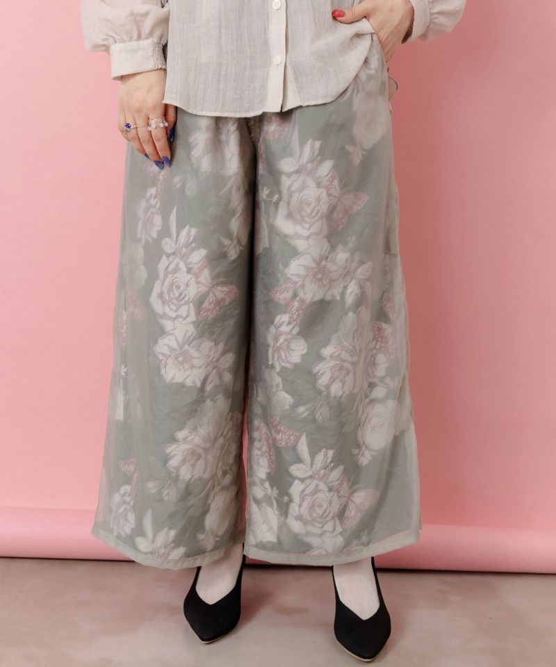 553209：花柄ゴブラン織り風 シアー生地重ねパンツの通販-ScoLar