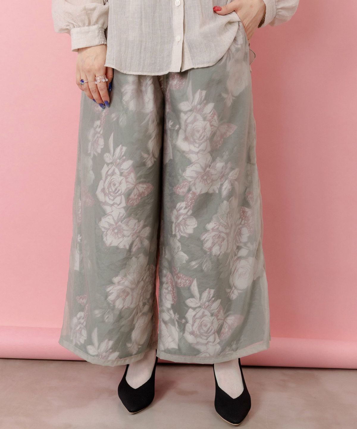 花柄ゴブラン織り風 シアー生地重ねパンツ-3