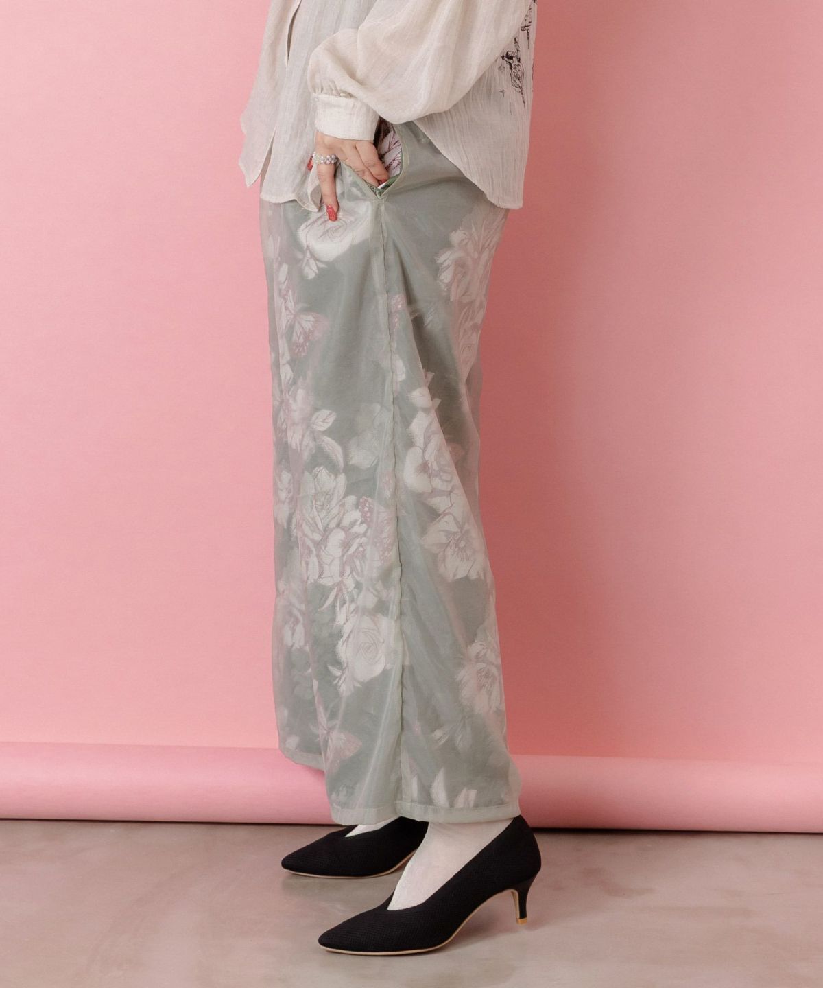 花柄ゴブラン織り風 シアー生地重ねパンツ-4