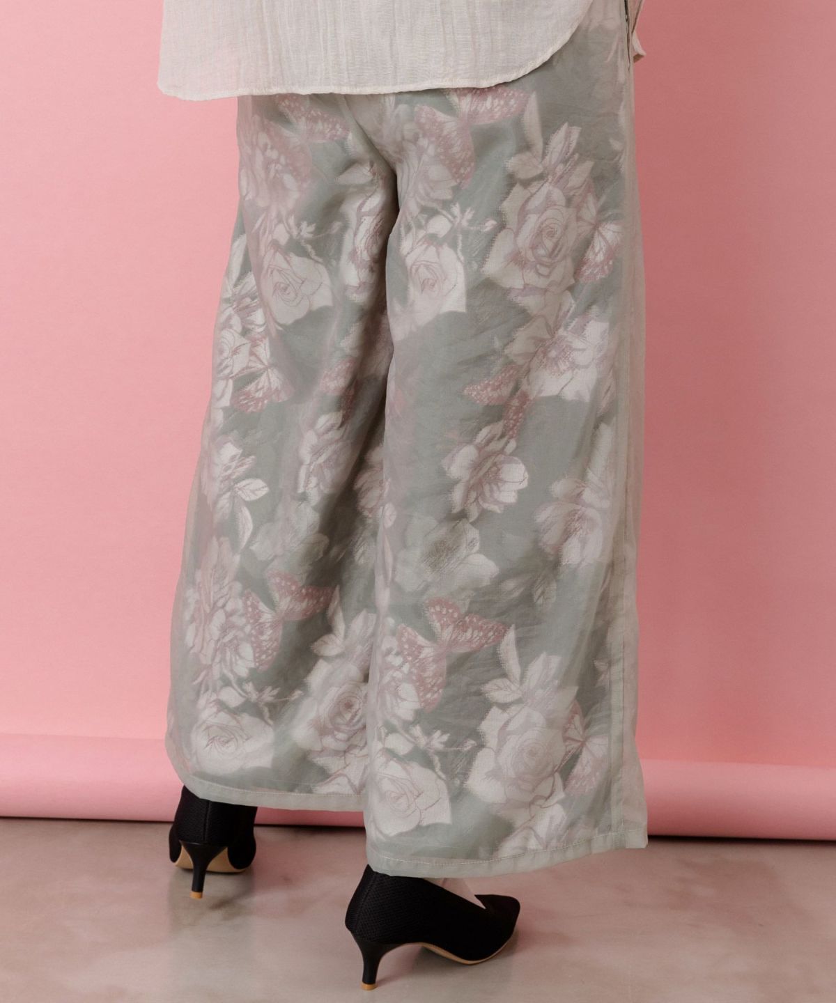 花柄ゴブラン織り風 シアー生地重ねパンツ-5