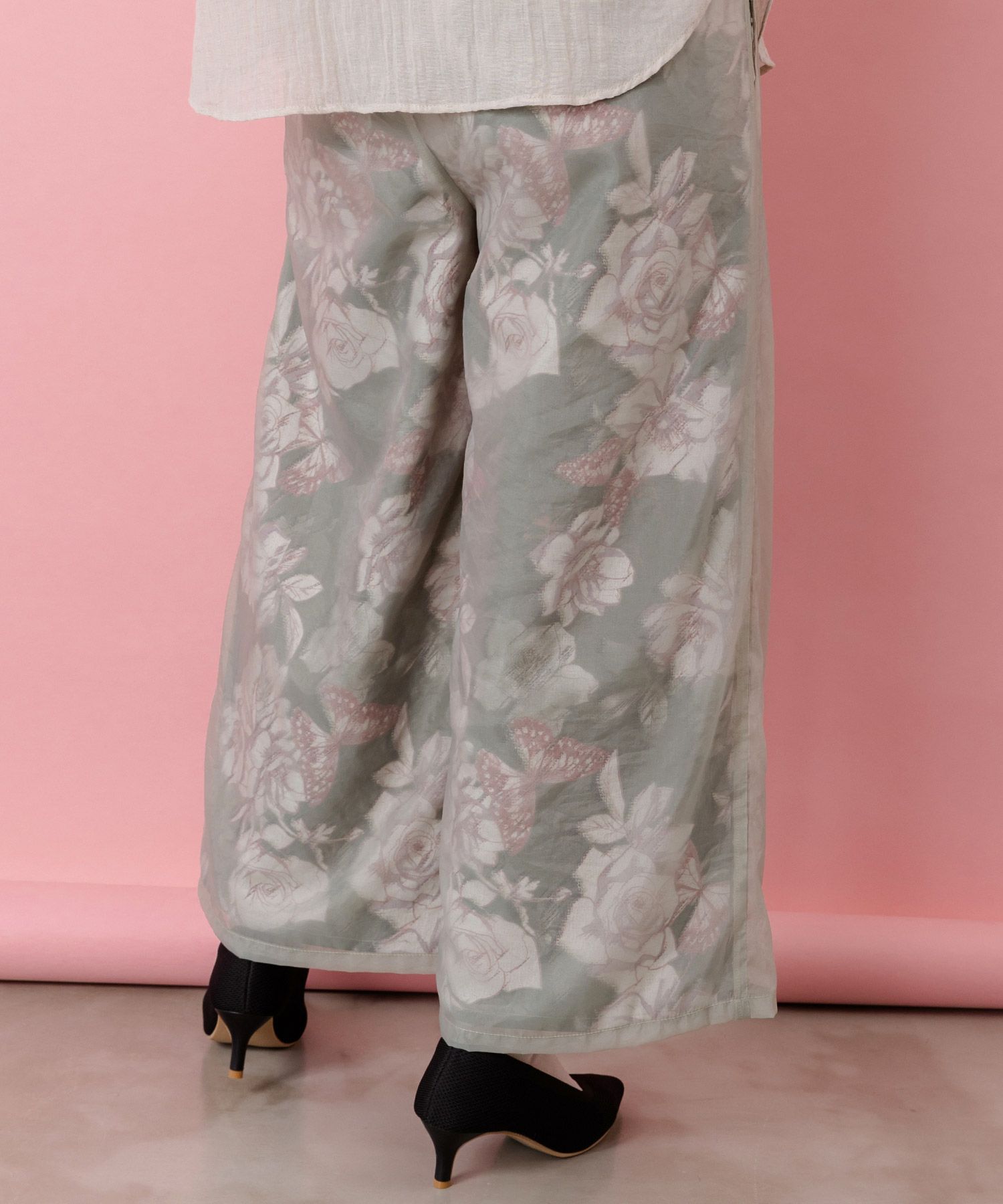 花柄ゴブラン織り風 シアー生地重ねパンツ-5