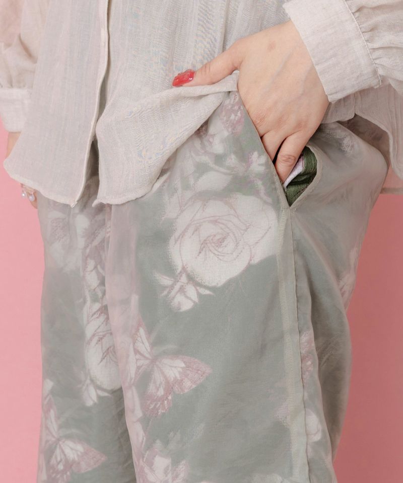 花柄ゴブラン織り風 シアー生地重ねパンツ-6