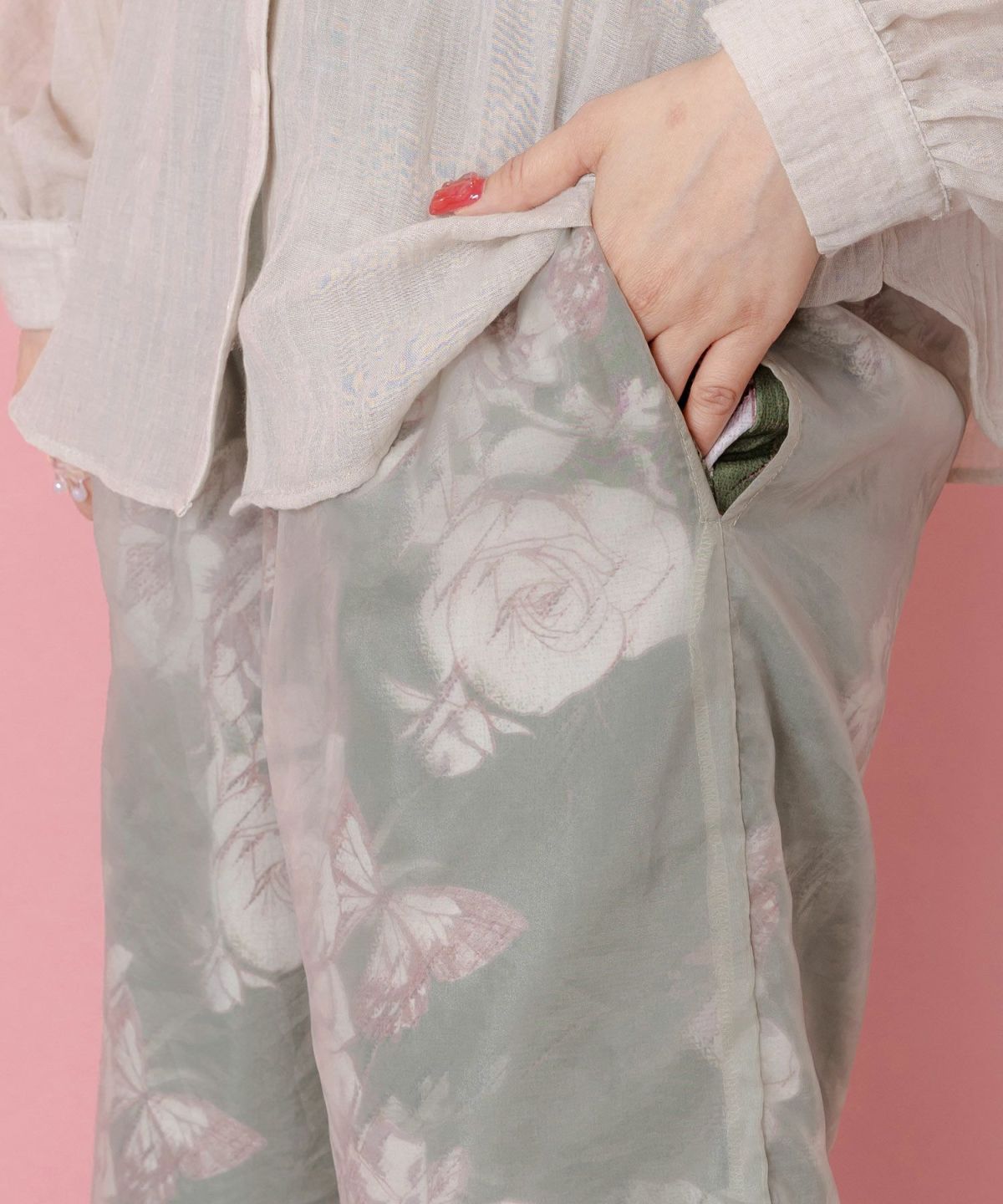 花柄ゴブラン織り風 シアー生地重ねパンツ-6