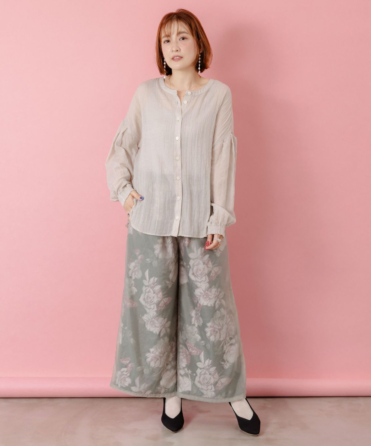 花柄ゴブラン織り風 シアー生地重ねパンツ-8