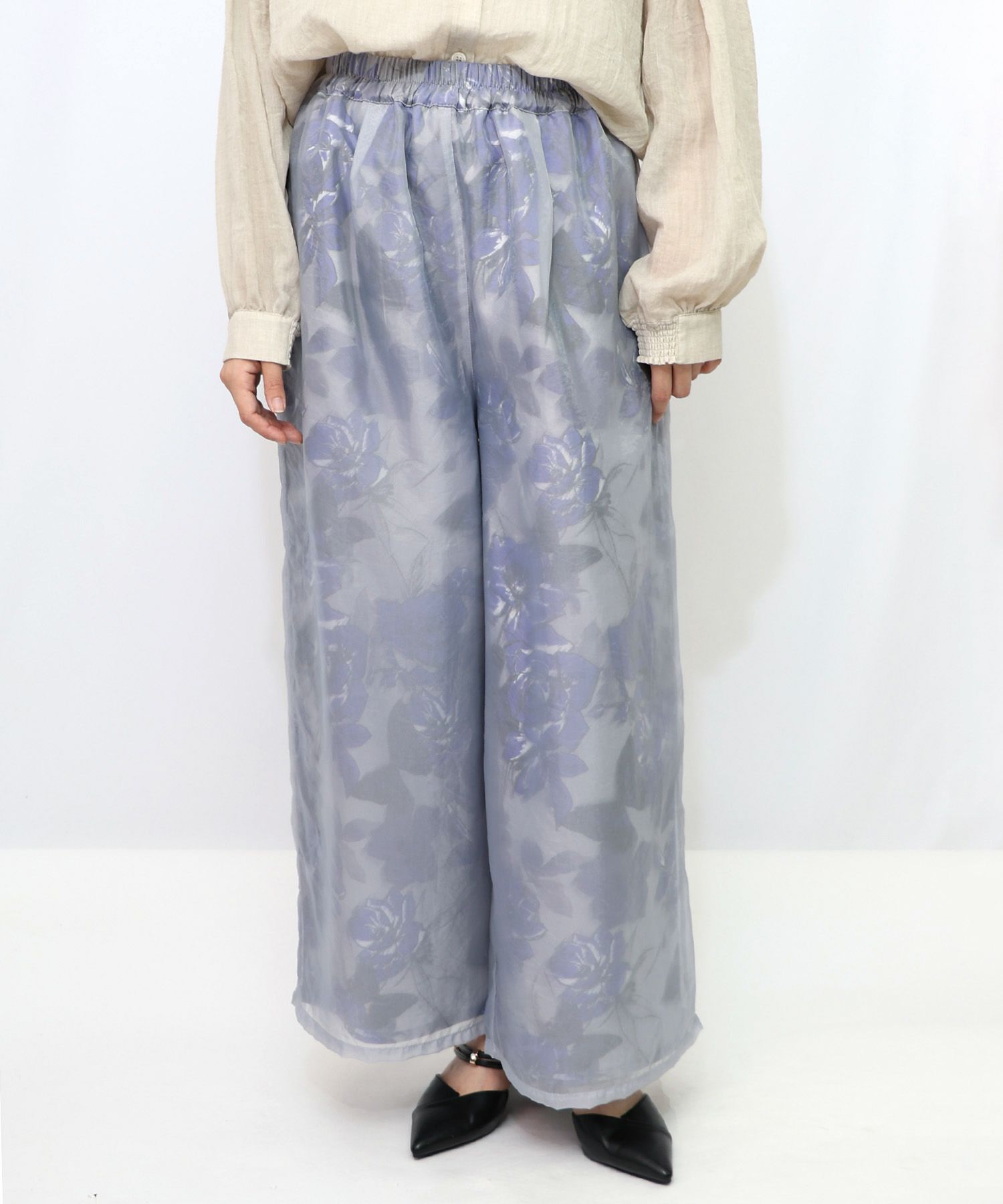 花柄ゴブラン織り風 シアー生地重ねパンツ-9