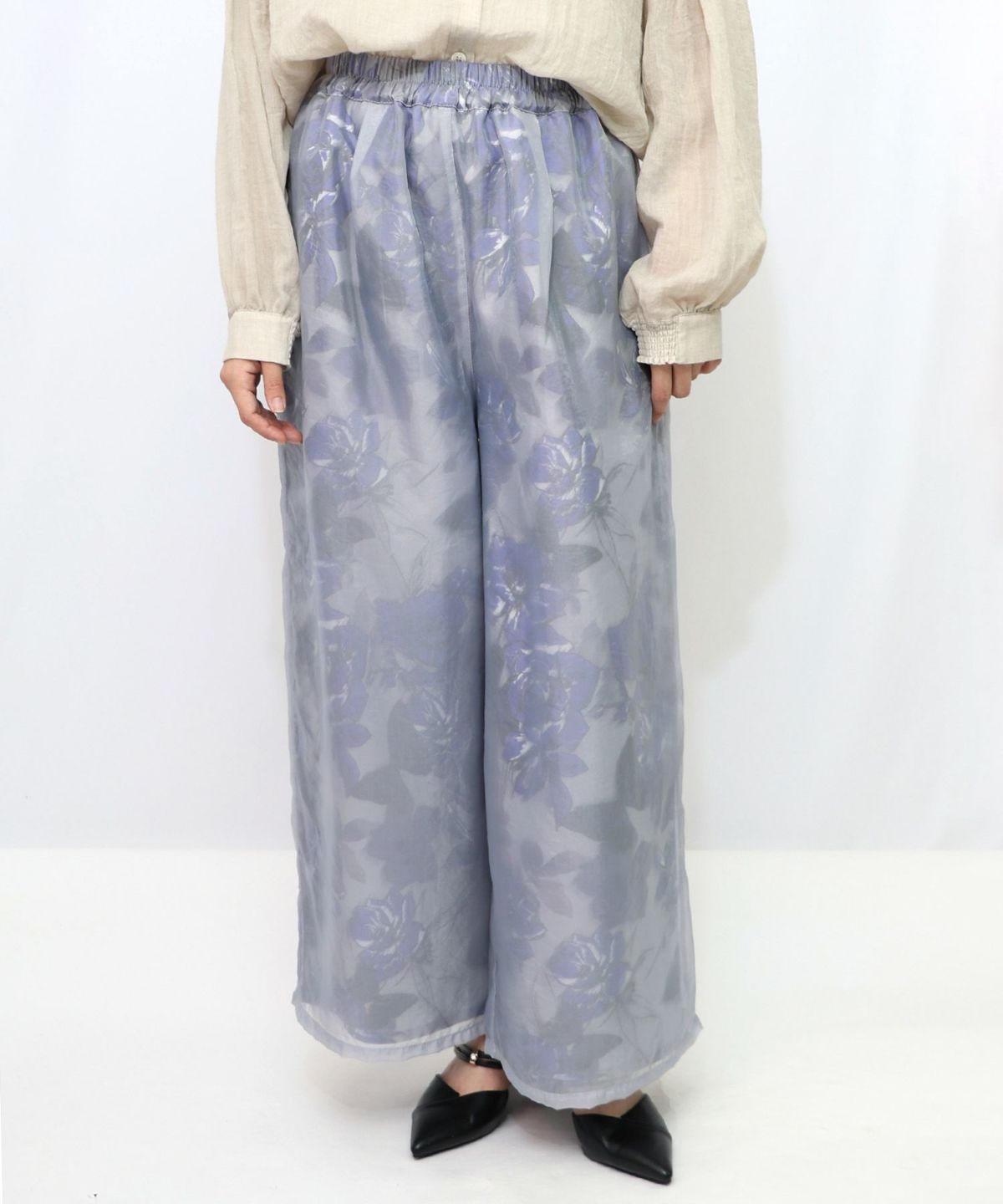 花柄ゴブラン織り風 シアー生地重ねパンツ-9