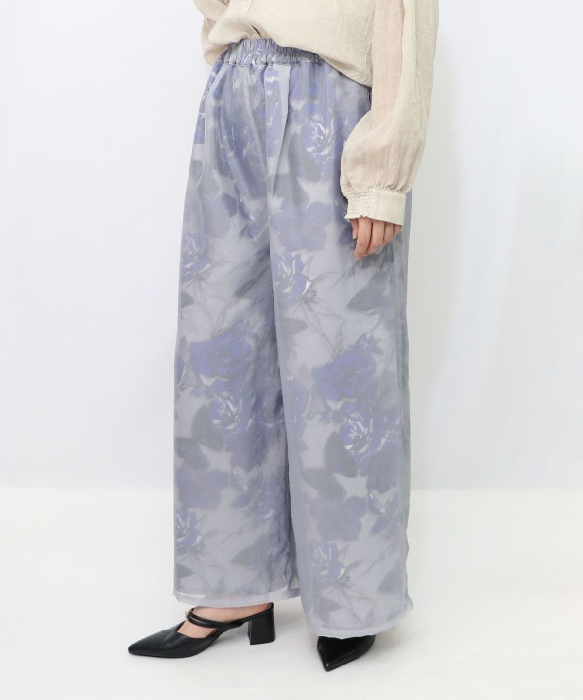 花柄ゴブラン織り風 シアー生地重ねパンツ-10