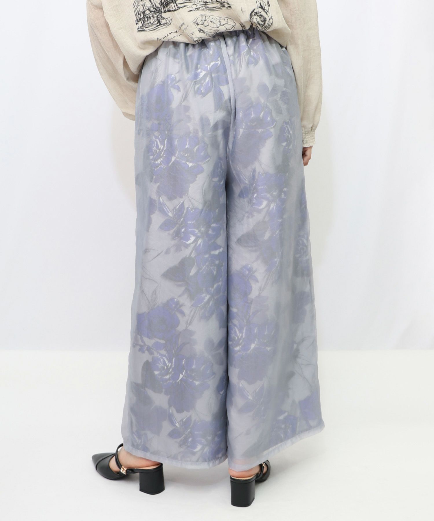 花柄ゴブラン織り風 シアー生地重ねパンツ-11