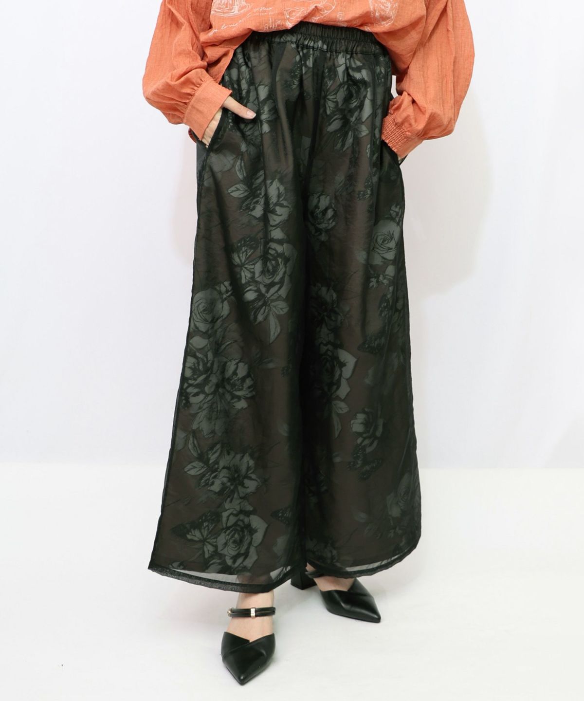 花柄ゴブラン織り風 シアー生地重ねパンツ-13