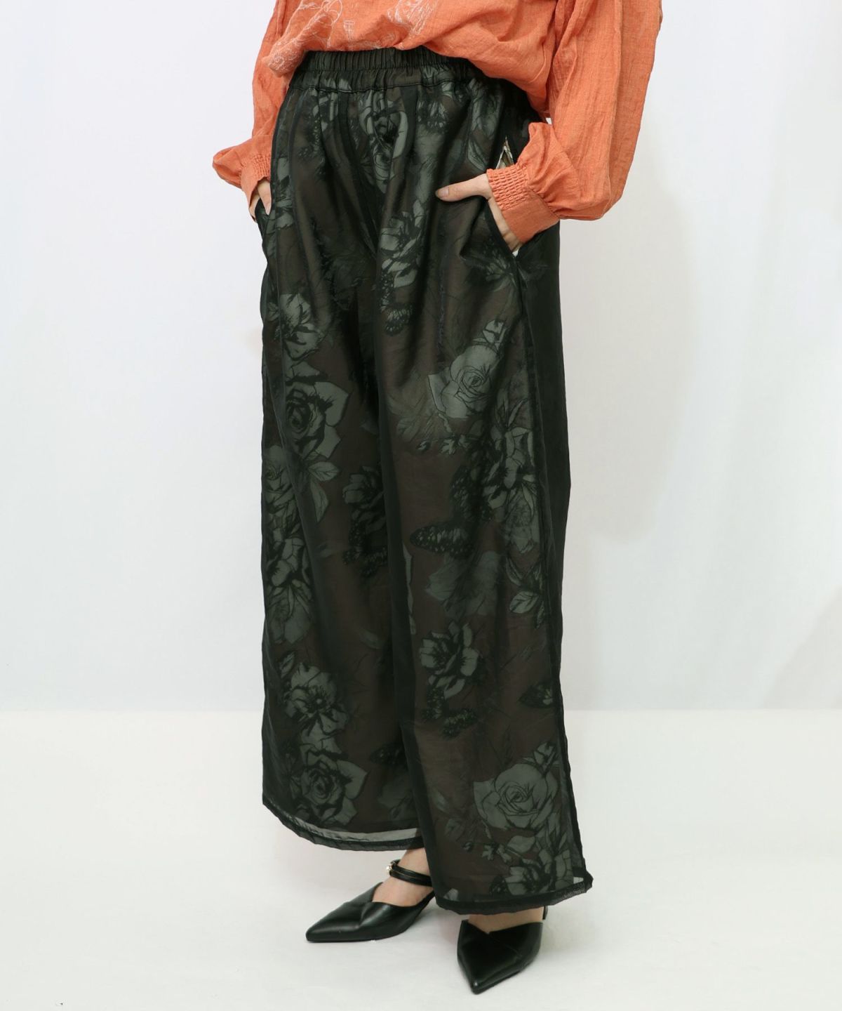 花柄ゴブラン織り風 シアー生地重ねパンツ-14