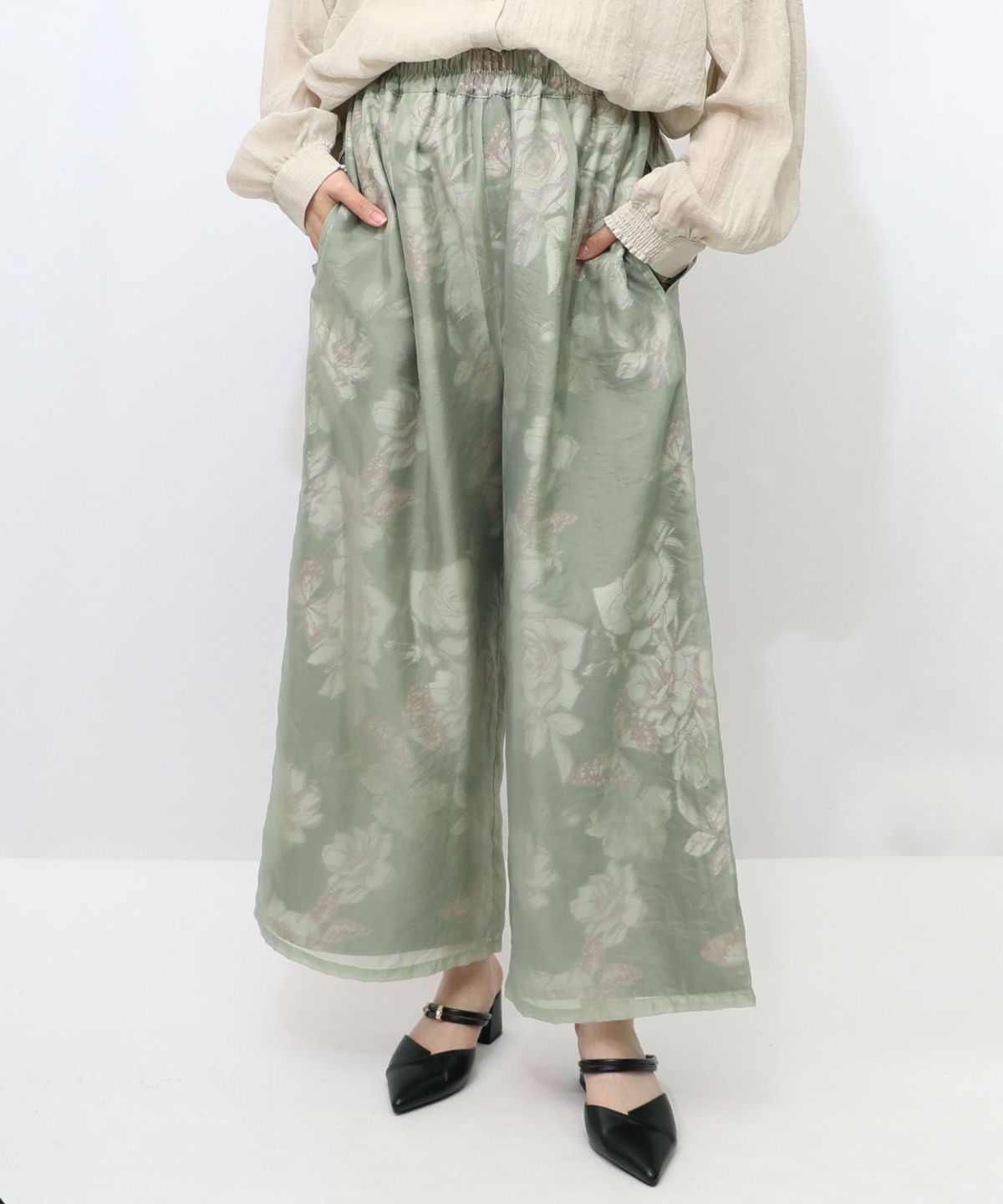 花柄ゴブラン織り風 シアー生地重ねパンツ-17