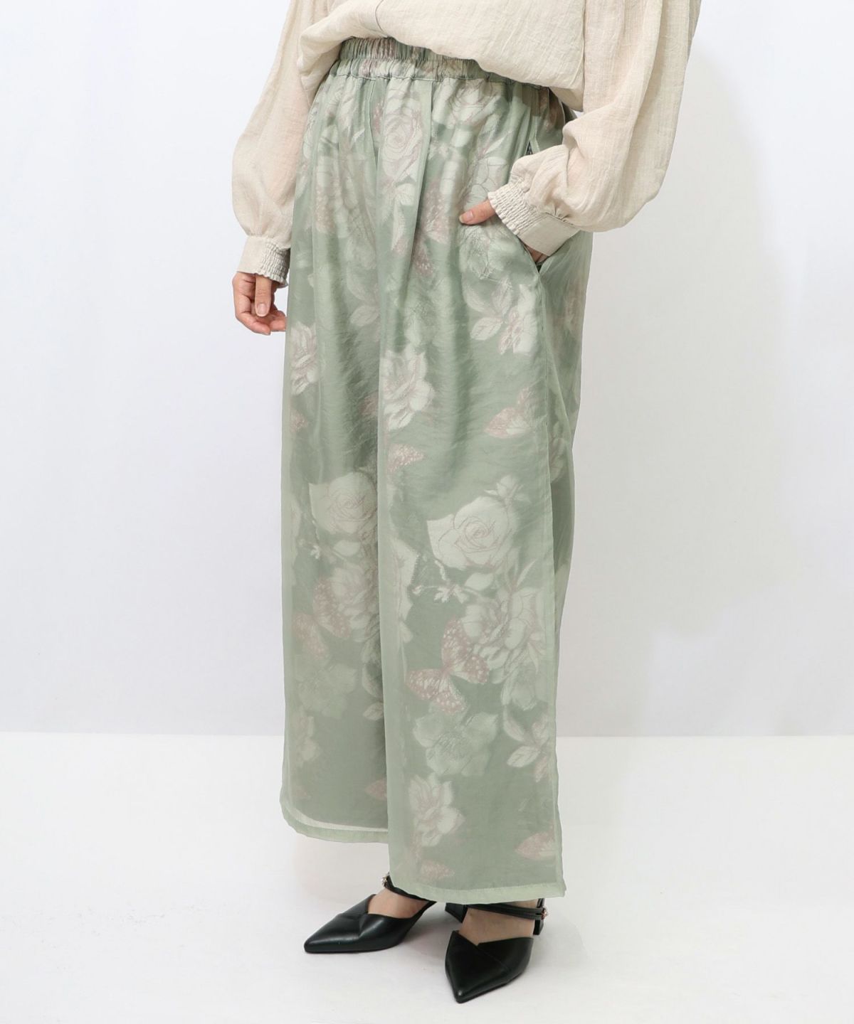花柄ゴブラン織り風 シアー生地重ねパンツ-18