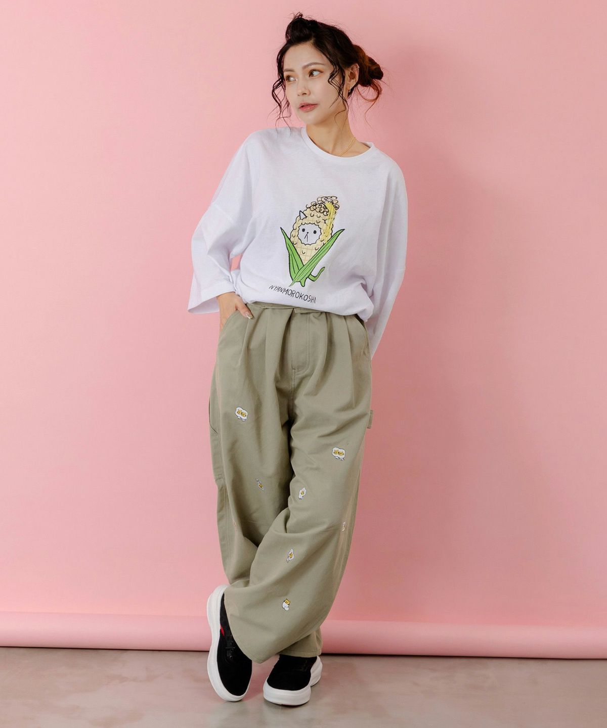 にゃんもろこしプリント 8分袖Tシャツ-2