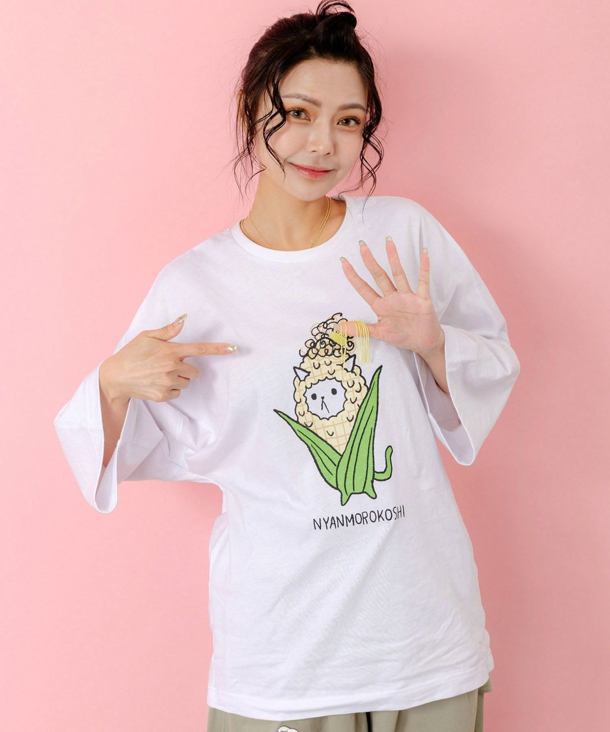 にゃんもろこしプリント 8分袖Tシャツ-3