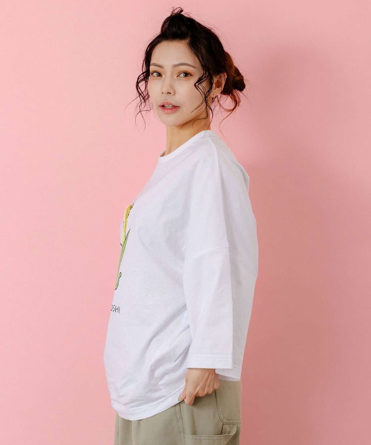 にゃんもろこしプリント 8分袖Tシャツ-6