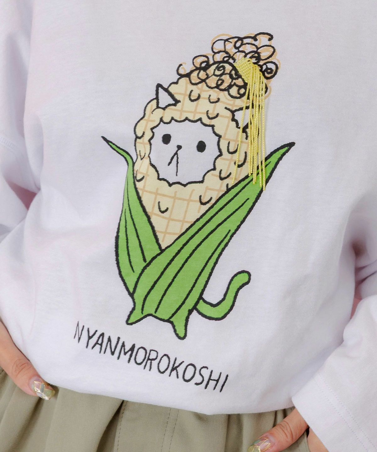 にゃんもろこしプリント 8分袖Tシャツ-7