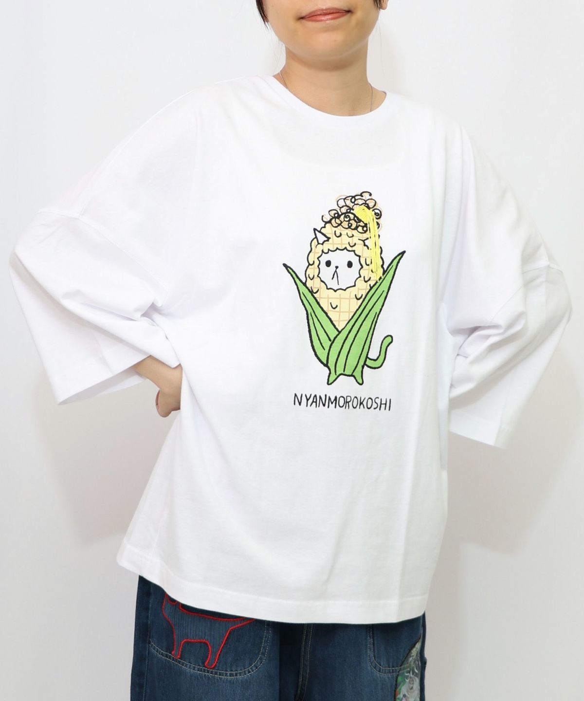 にゃんもろこしプリント 8分袖Tシャツ-8