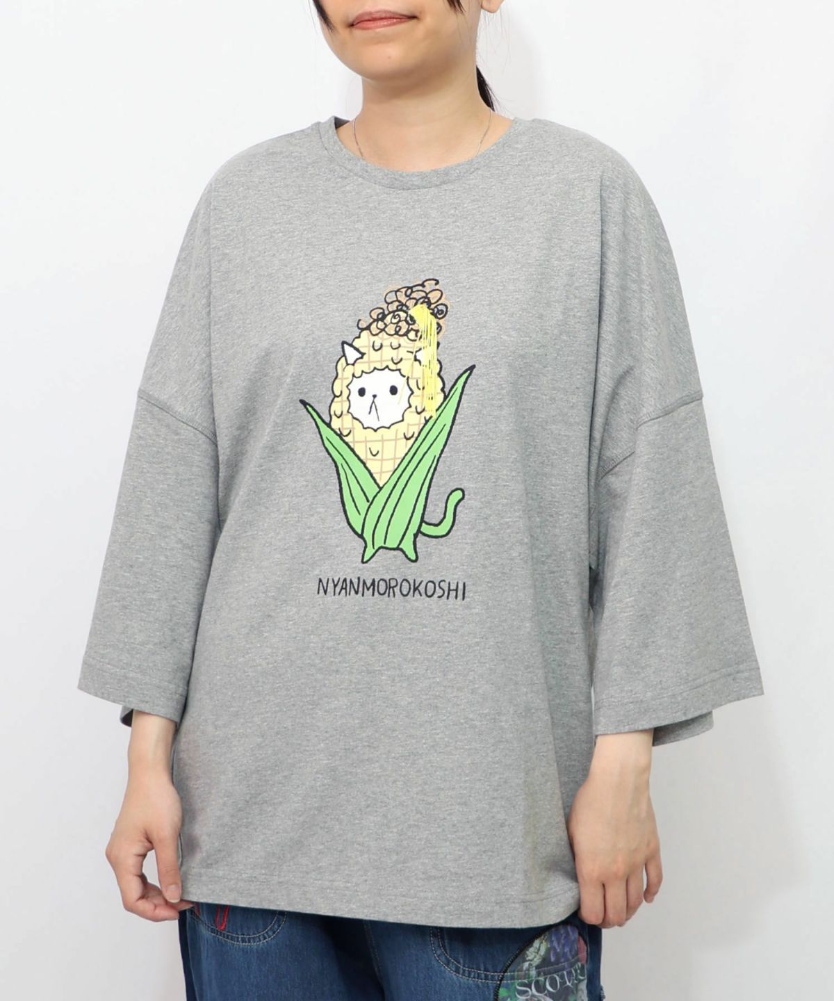 にゃんもろこしプリント 8分袖Tシャツ-12