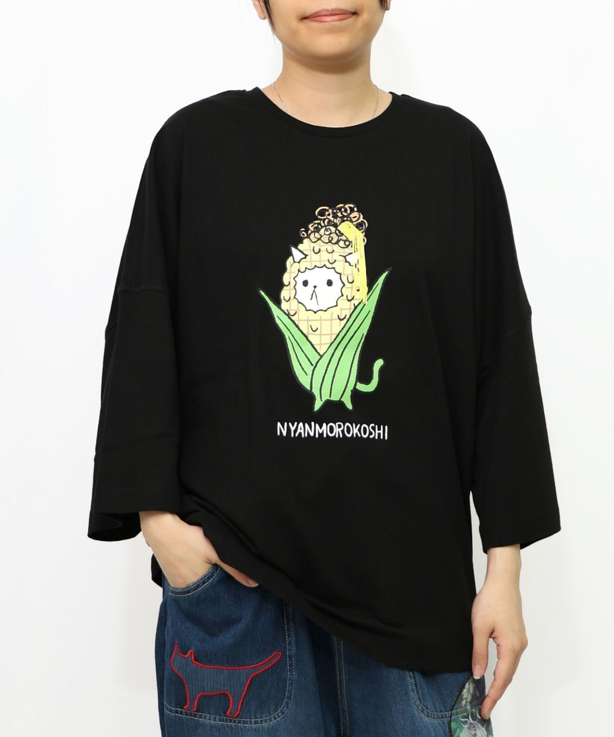 にゃんもろこしプリント 8分袖Tシャツ-16