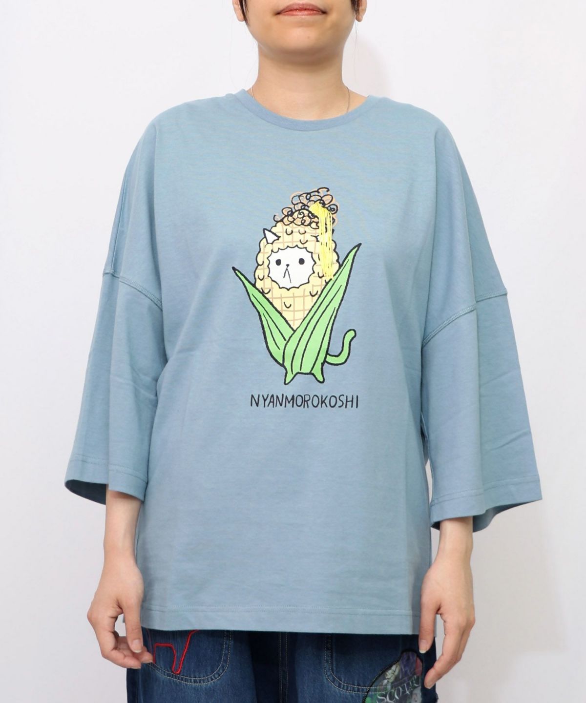 にゃんもろこしプリント 8分袖Tシャツ-20