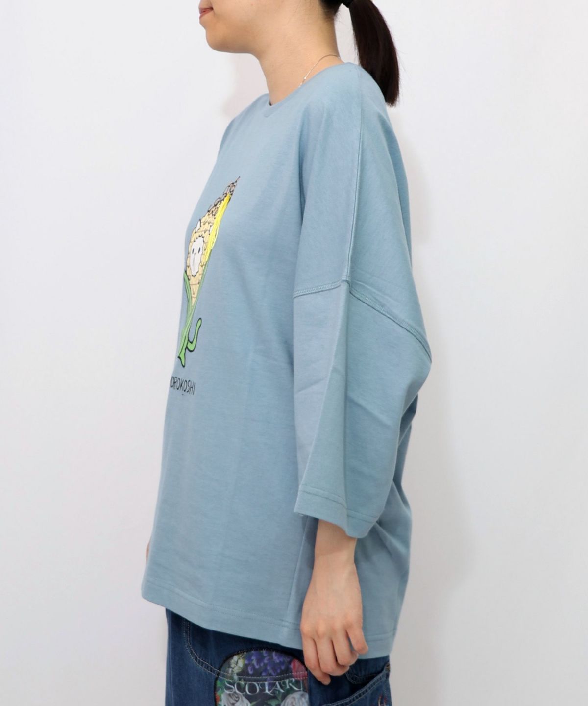 にゃんもろこしプリント 8分袖Tシャツ-21