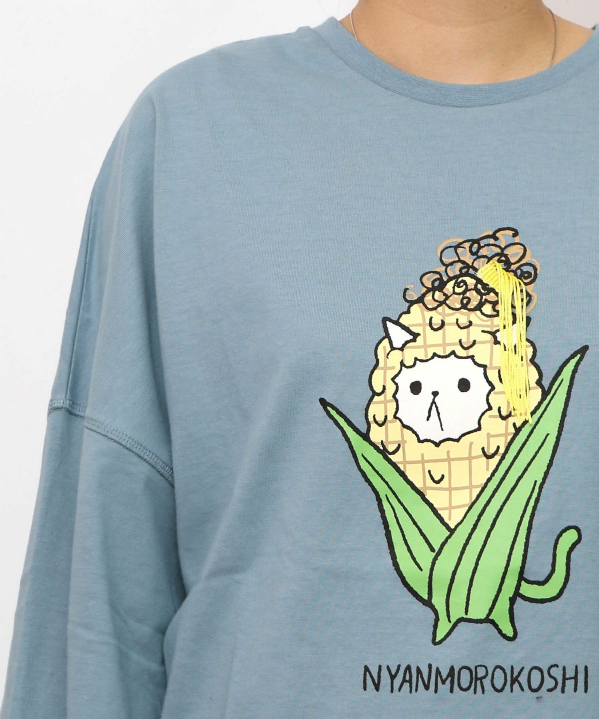 にゃんもろこしプリント 8分袖Tシャツ-25