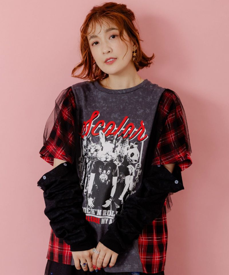 ロックなアニマル柄 異素材切替2WAYロンT-9