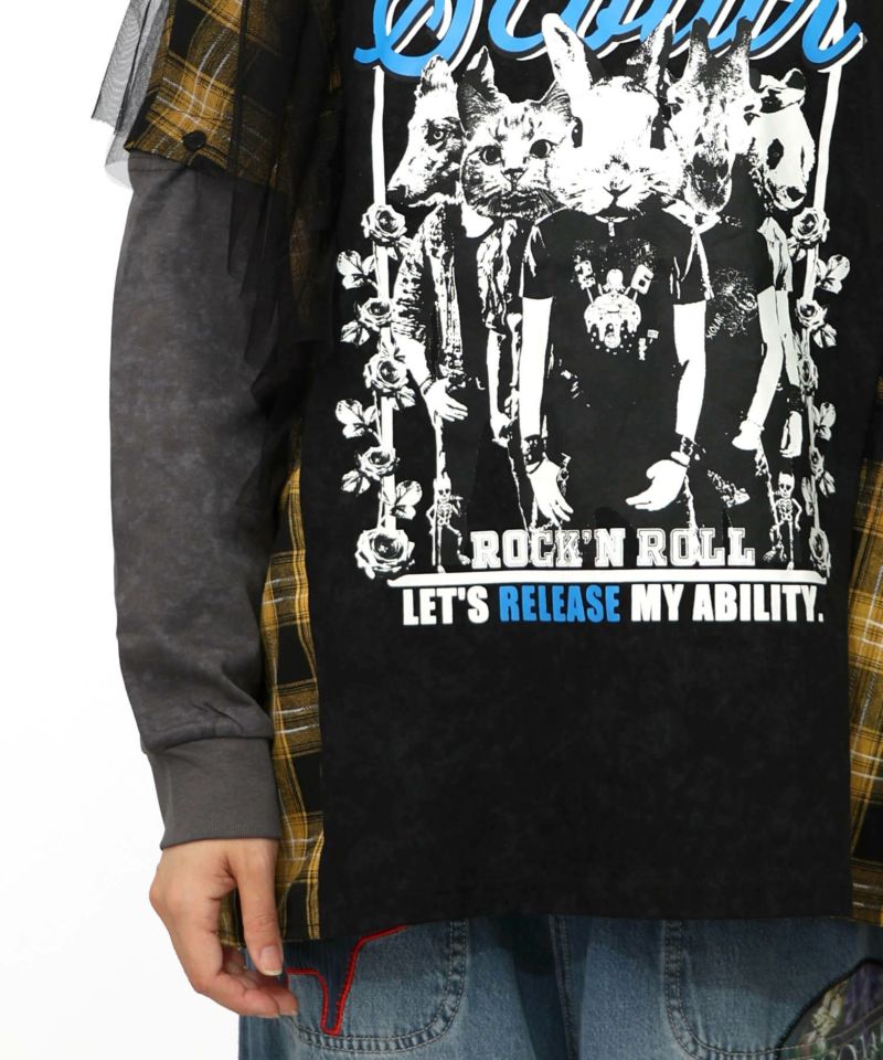 ロックなアニマル柄 異素材切替2WAYロンT-22