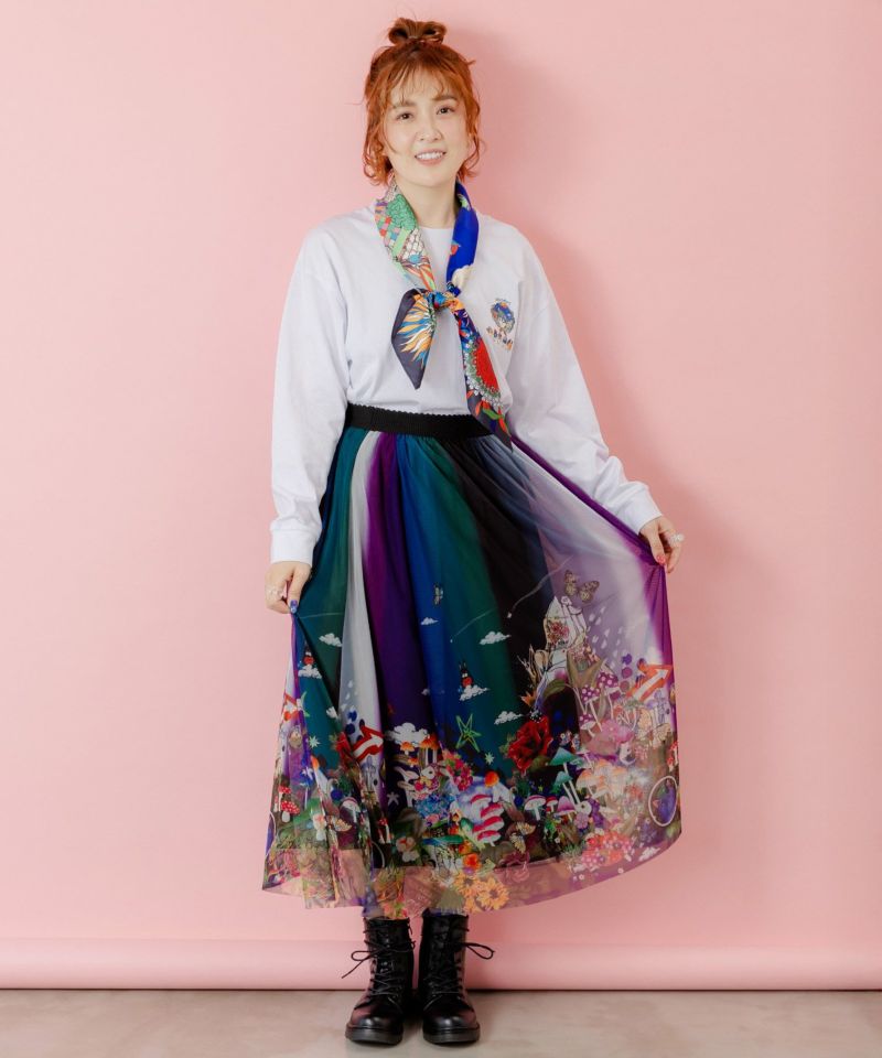 完売商品　scolar スカラー　きのこ　宇宙　ロングスカート 153627：キノコの惑星柄チュールスカートの通販-ScoLar