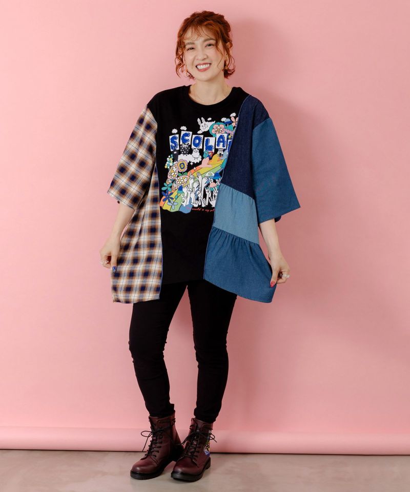 26周年スタート柄 チェック×デニム切替チュニック-2