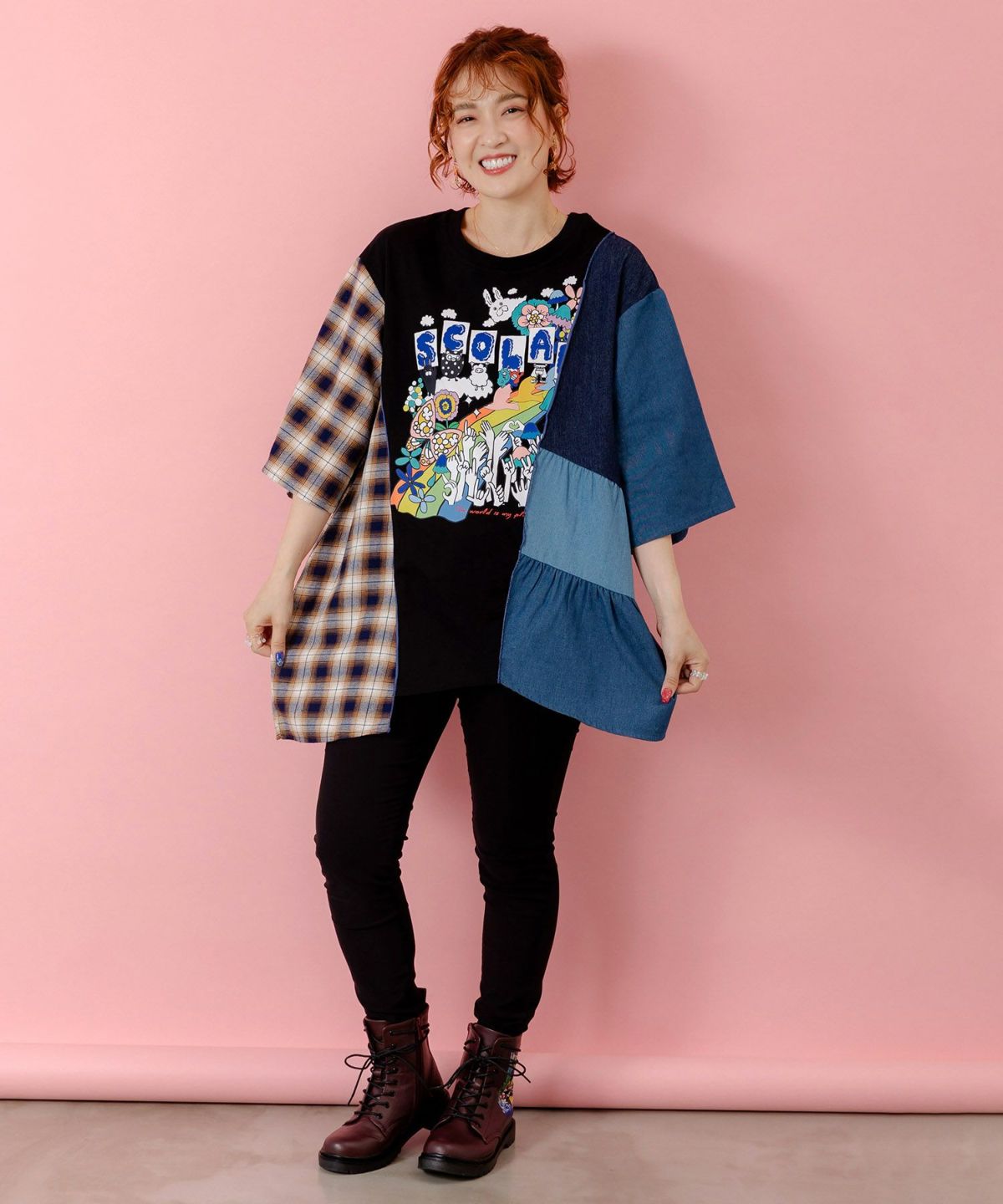 26周年スタート柄 チェック×デニム切替チュニック-2