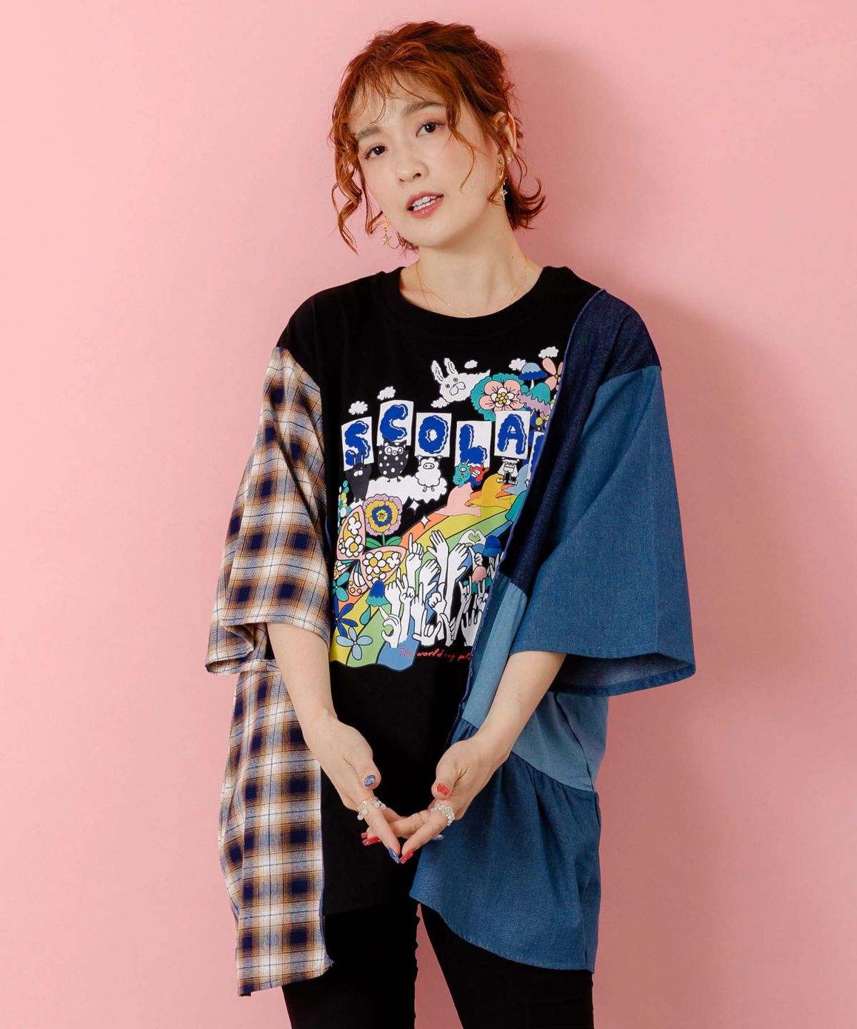 26周年スタート柄 チェック×デニム切替チュニック-3