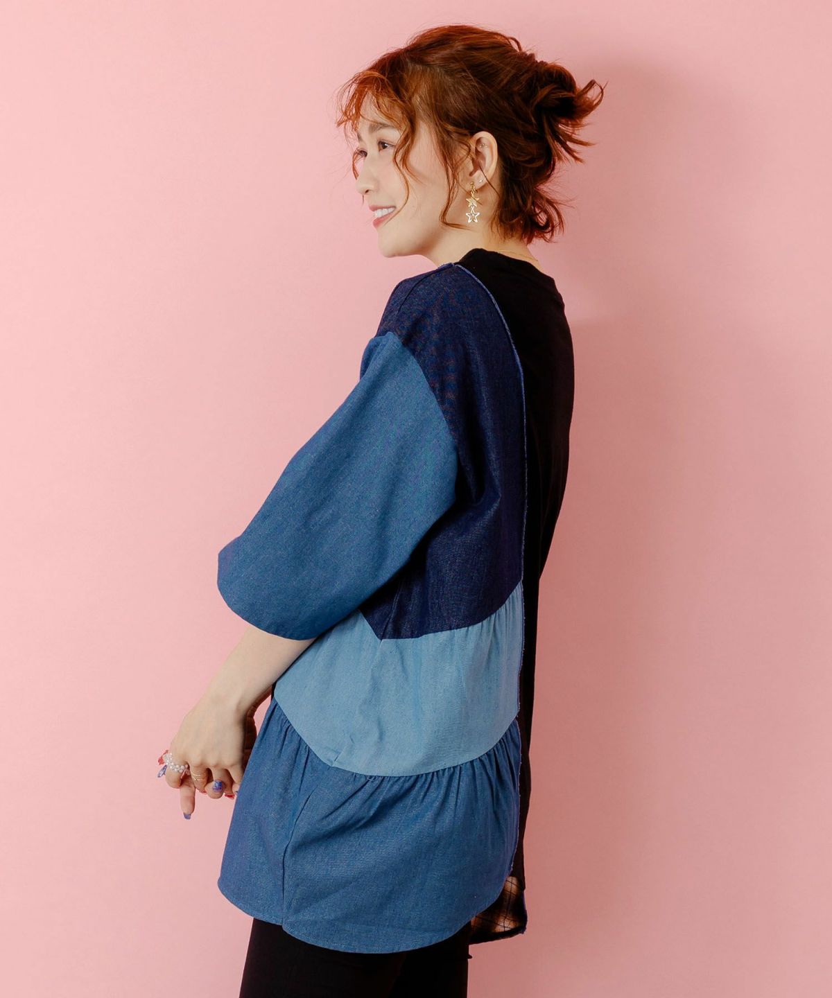 26周年スタート柄 チェック×デニム切替チュニック-4