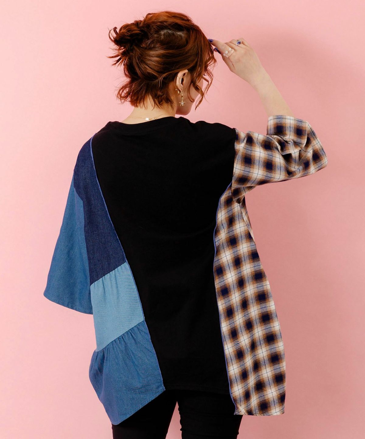 26周年スタート柄 チェック×デニム切替チュニック-5