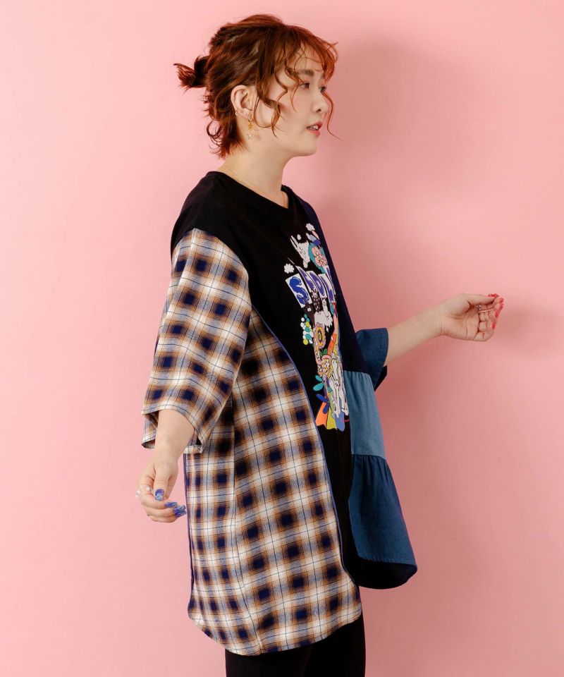 26周年スタート柄 チェック×デニム切替チュニック-6