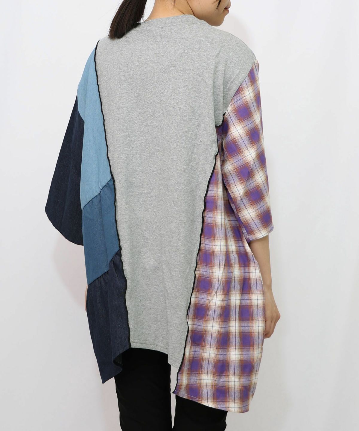 26周年スタート柄 チェック×デニム切替チュニック-12