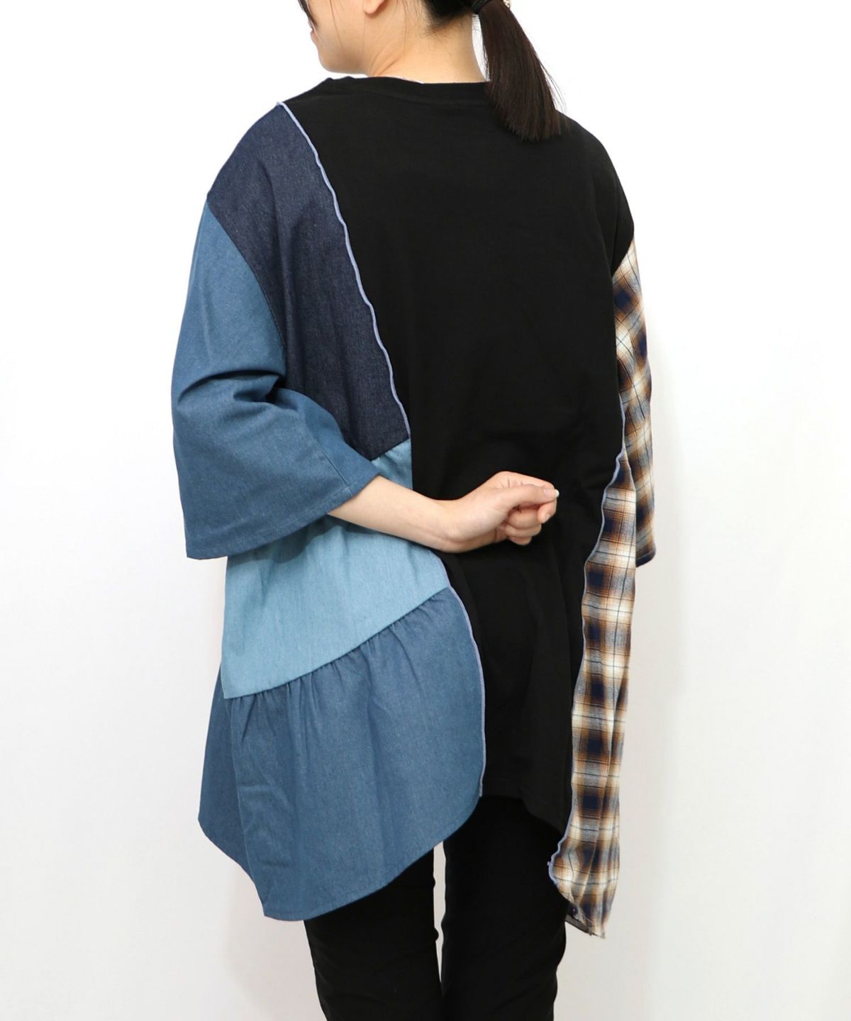 26周年スタート柄 チェック×デニム切替チュニック-17