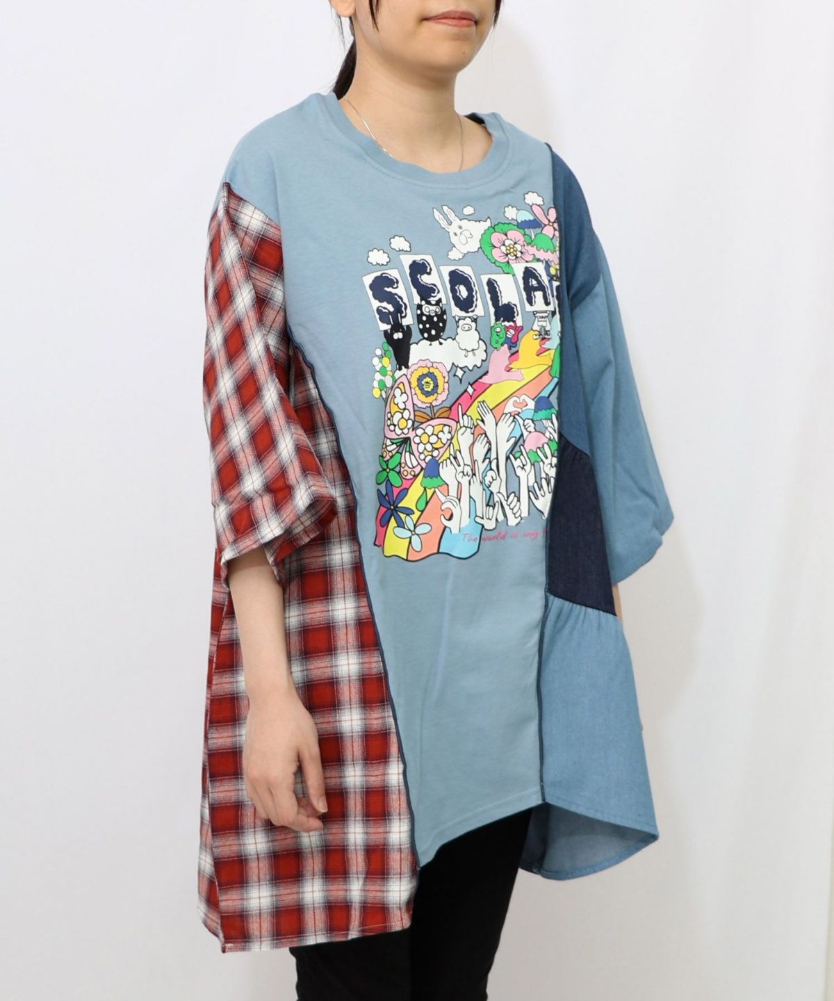 26周年スタート柄 チェック×デニム切替チュニック-21