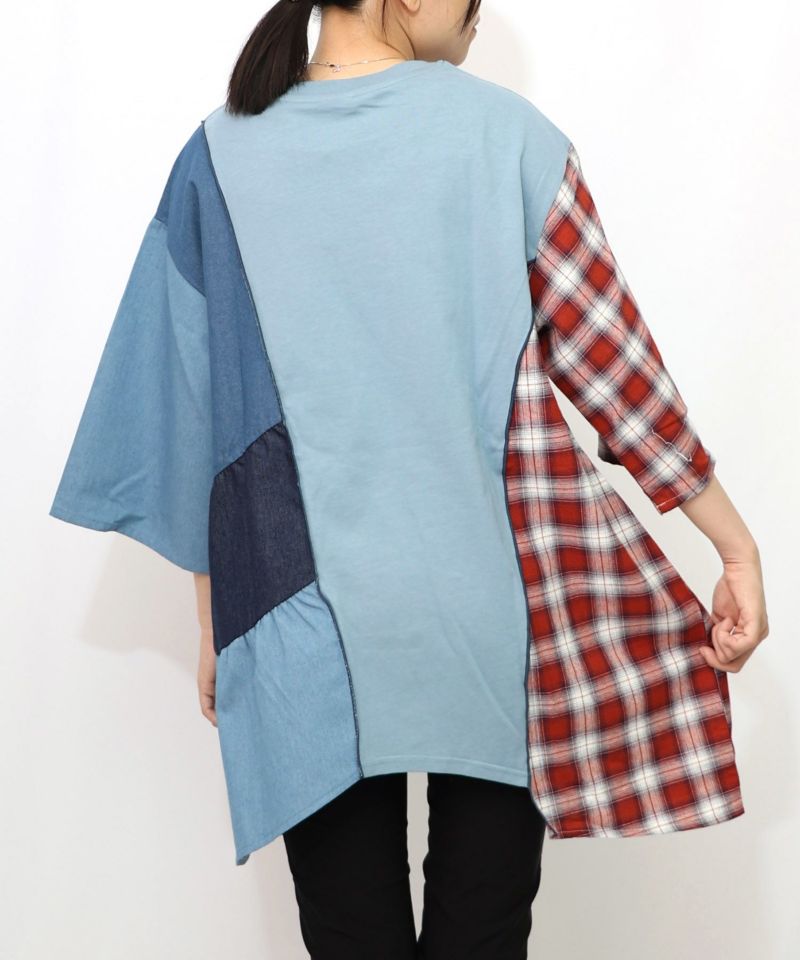 26周年スタート柄 チェック×デニム切替チュニック-22