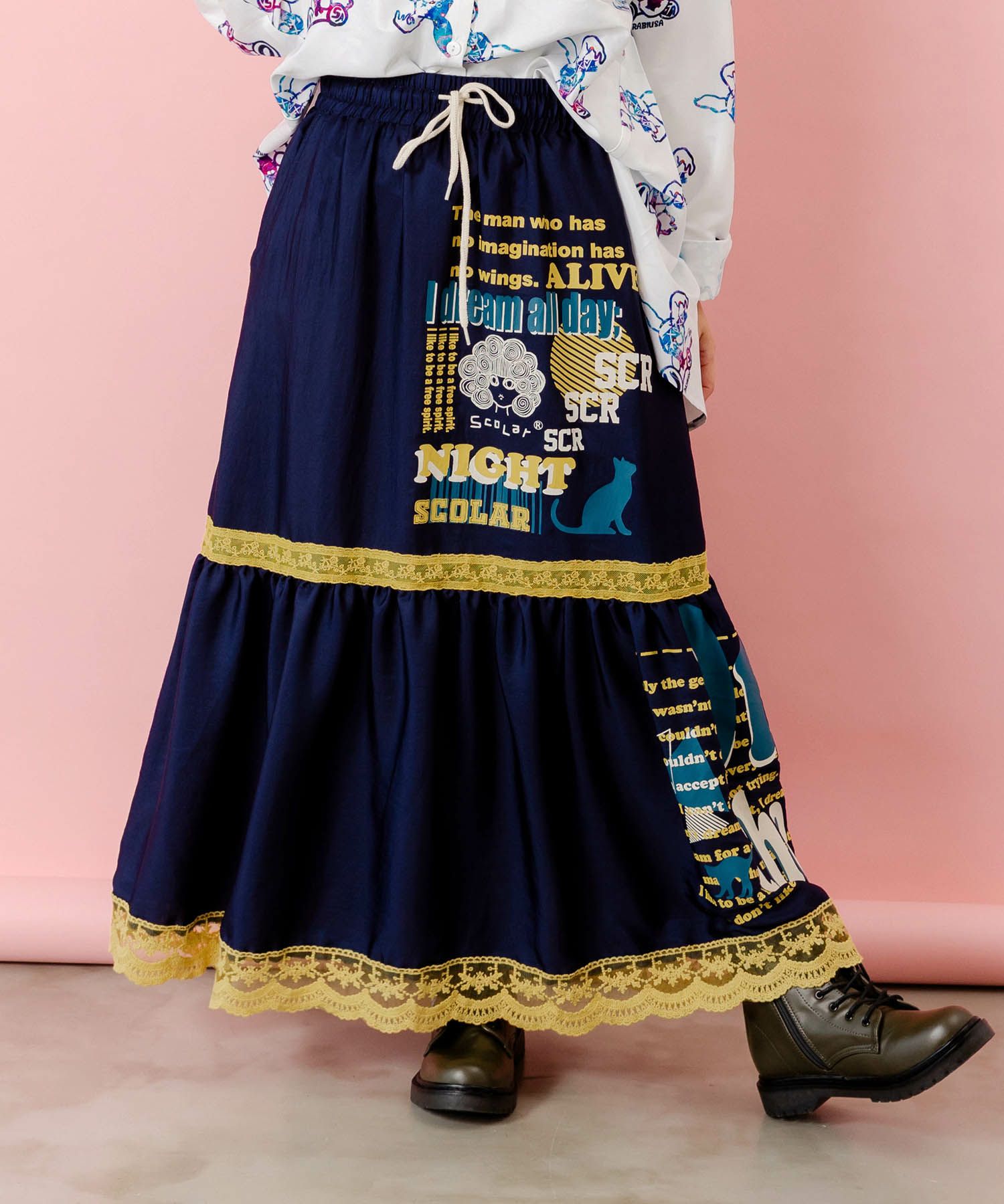 スカラーグラフィック柄 レース×サテンスカート-1
