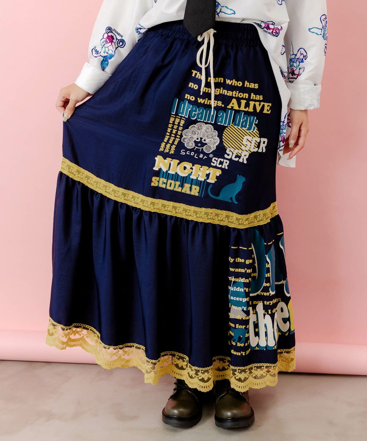 スカラーグラフィック柄 レース×サテンスカート-3