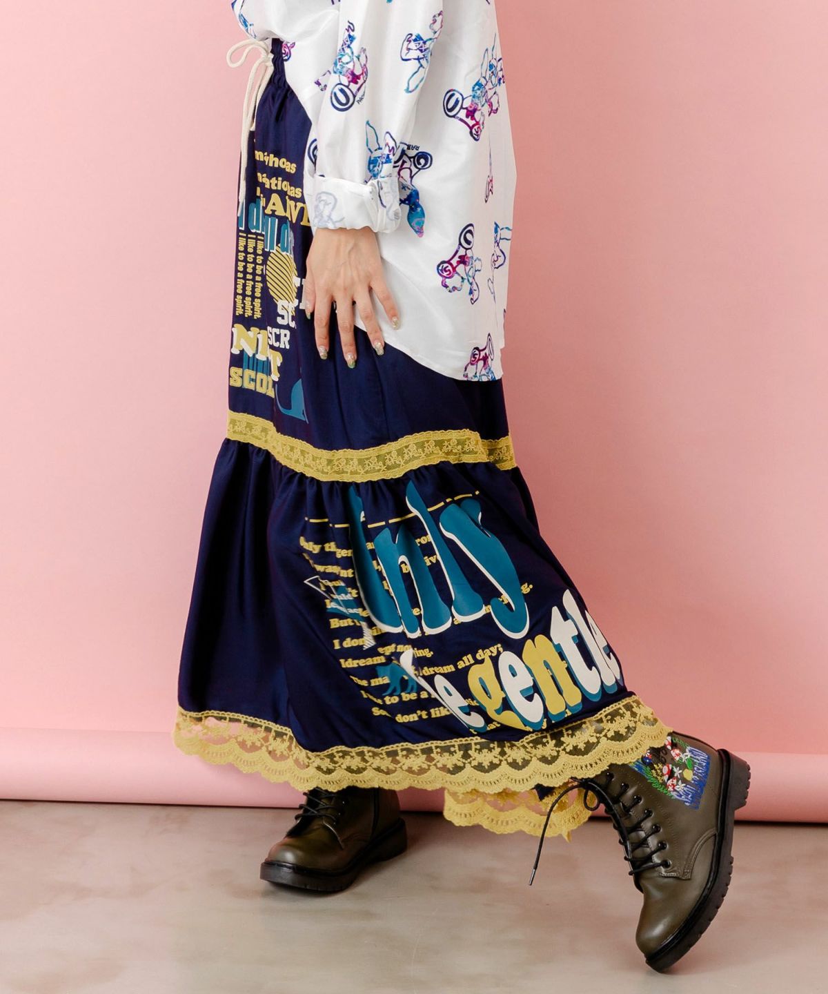 スカラーグラフィック柄 レース×サテンスカート-4