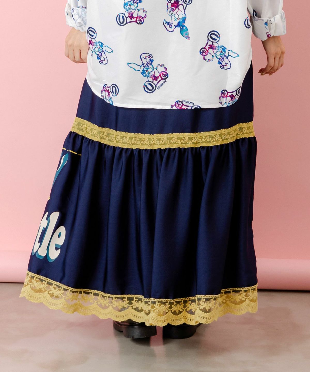 スカラーグラフィック柄 レース×サテンスカート-6