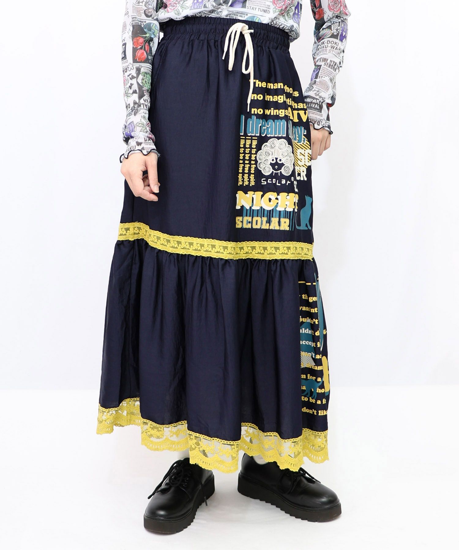 スカラーグラフィック柄 レース×サテンスカート-9