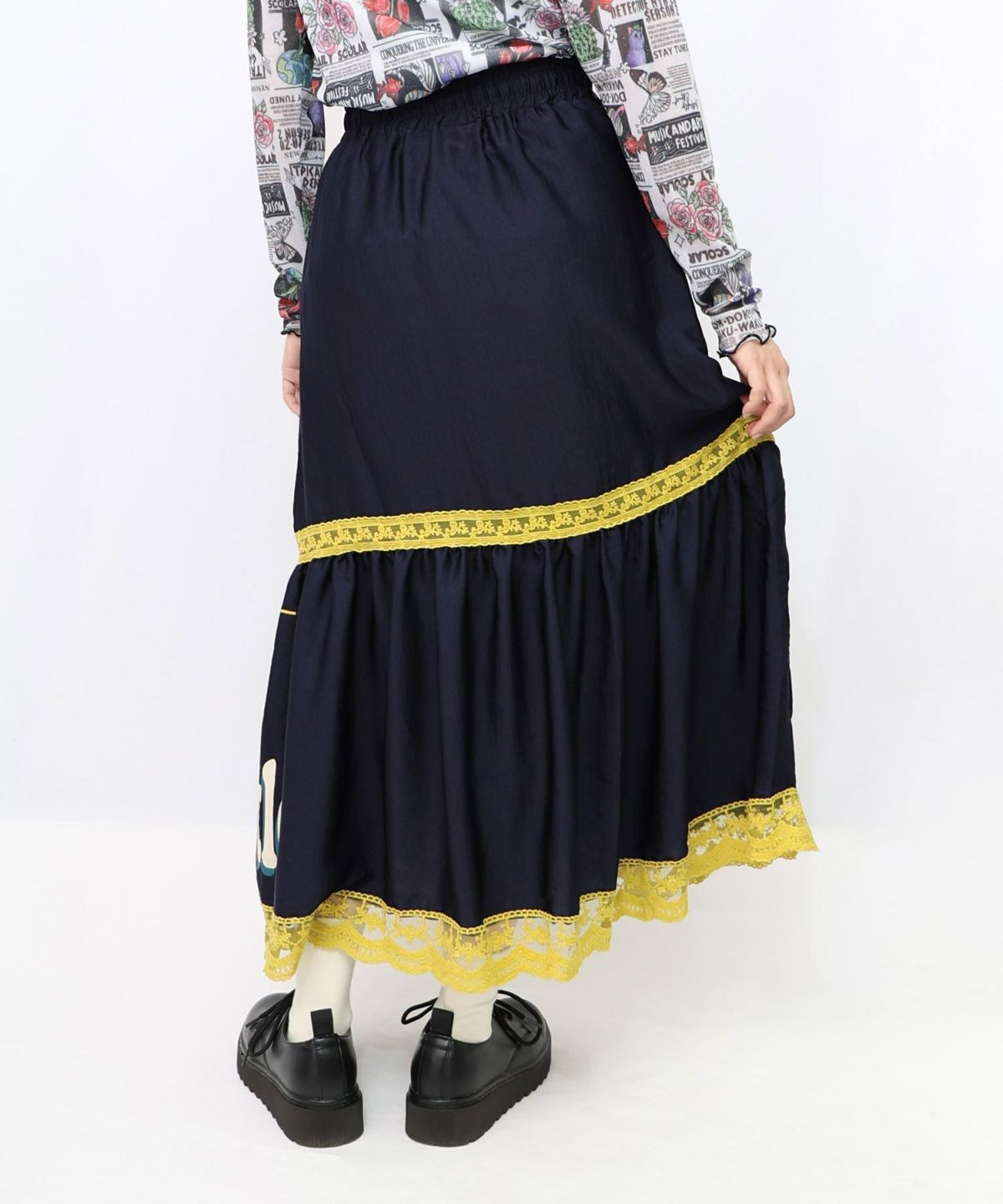 スカラーグラフィック柄 レース×サテンスカート-11