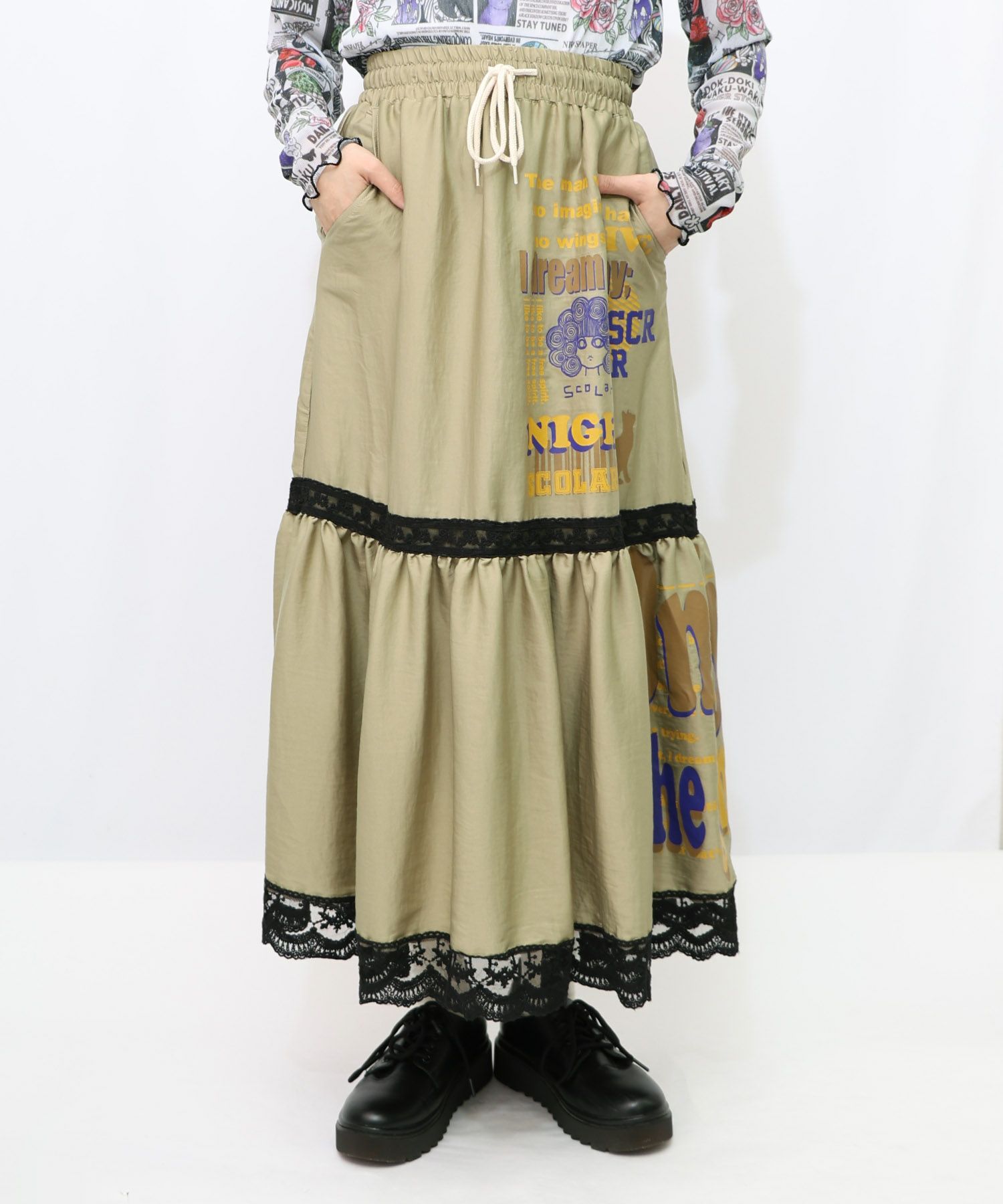 スカラーグラフィック柄 レース×サテンスカート-13