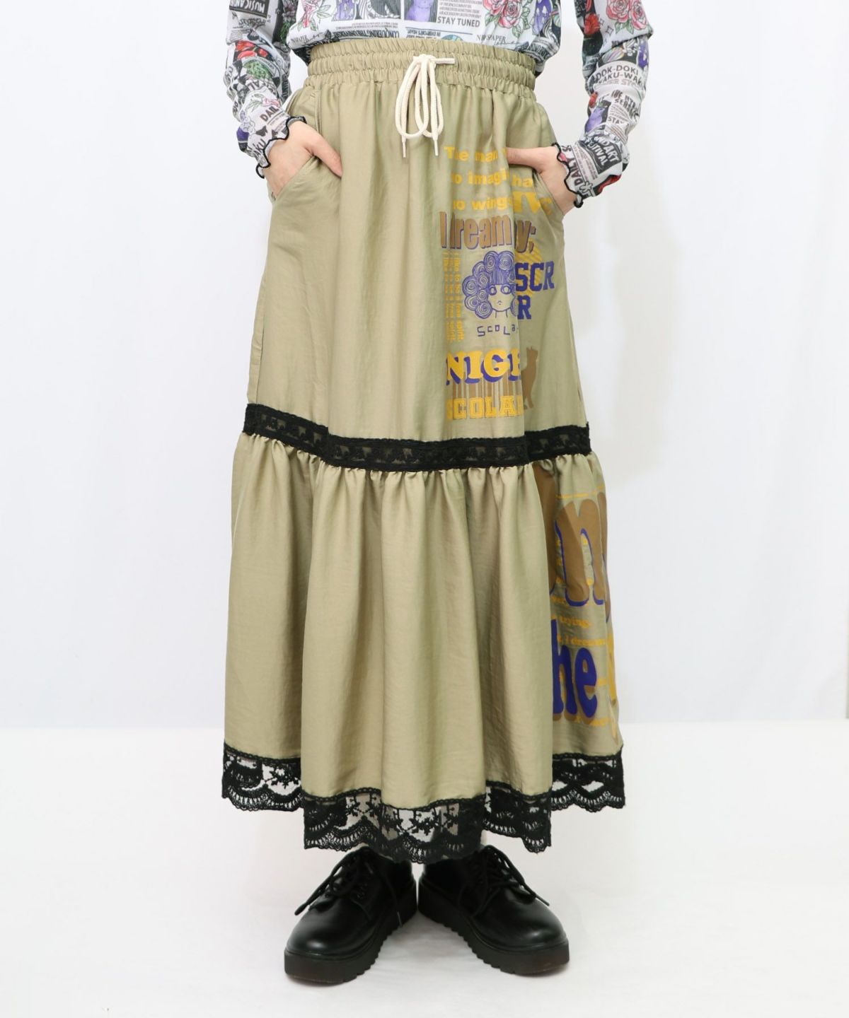 スカラーグラフィック柄 レース×サテンスカート-13