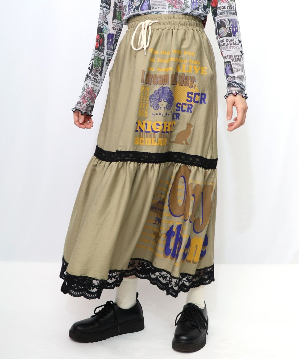 スカラーグラフィック柄 レース×サテンスカート-14